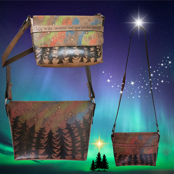 Handpainted Leather Cross Body Handbag Northern Lights Trees Stars MLK Quote - Picture 4 of 6